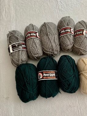 Peer Gynt wool yarn 3 Green Skeins and 5 Gray Skeins